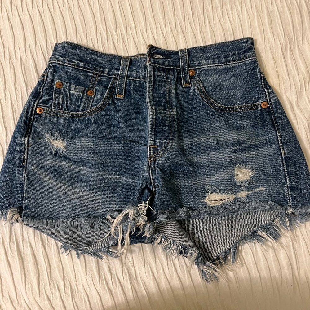 Levi's 501 Blue Jean Shorts Distressed Frayed Hem